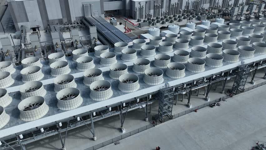 Close up of an Ai Datacenter with the chilling towers, power inverted and step down units with other data center cooling mechanical equipment  