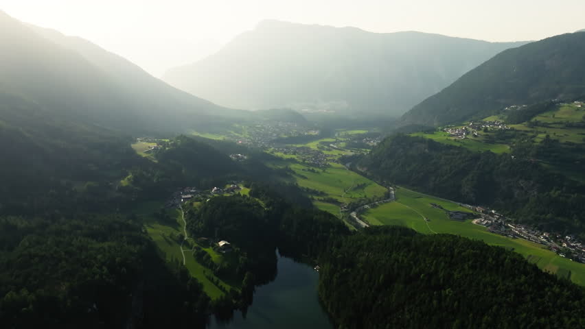 Aerial view of Piburger lake landscape in turol austria. The reservoir is surrounded by mountains and forests in the nature of the alps, travel in europe.
