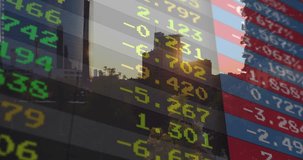 Stock ticker overlay updating columns, revealing central tower and plaza to show finance trends. Skyline, dusk, data, metrics, urban, silhouette, glass - Powered by Shutterstock - Get 15% off with code: PIKWIZARD15