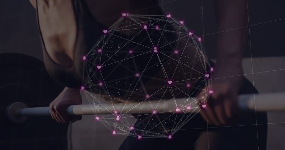 Fitness woman grasping barbell, pulling for strength while pink holo sphere syncing as camera rises. Gym, weights, hologram, overlay, neon, motion, athletic