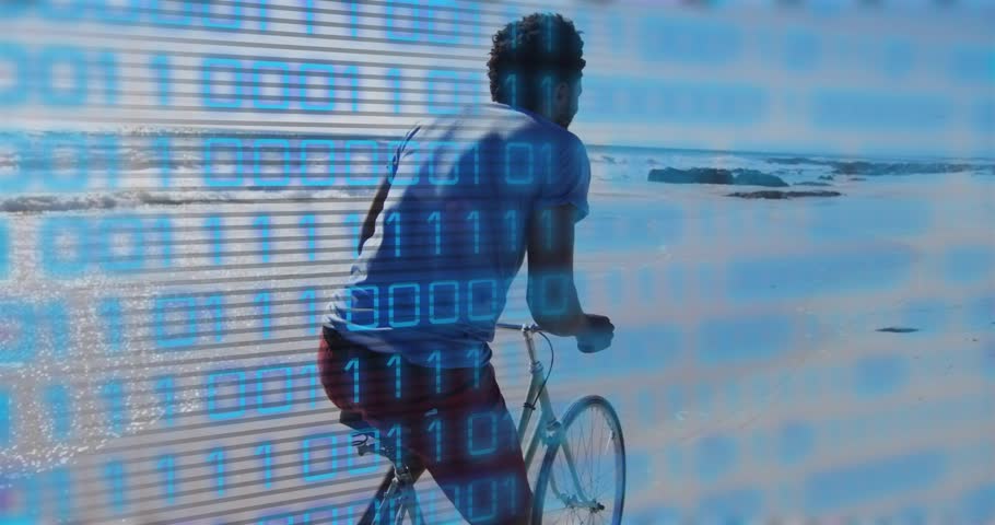 Man pedaling bike along wet shore causing tech overlay shifting across rider turning back for fun. Shoreline, bicycle, sunlit, reflective, scanlines, binary, horizon