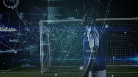 Male soccer player reacting to lofted ball, executing bicycle kick, HUD tracking ball scoring goal. Athlete, acrobatic, overhead, stadium, night, hud, overlay - Powered by Shutterstock - Get 15% off with code: PIKWIZARD15
