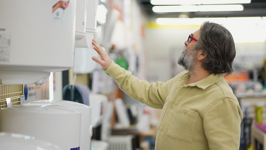Senior man choosing water heater in department store