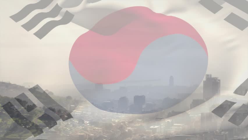 Taegeukgi flag with taegeuk rippling over hazy skyline on play, folding revealing tower for news. Aerial, cityscape, overlay, translucent, motion, symbolism, smog