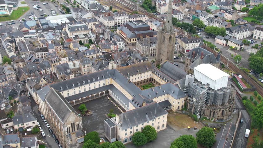 Aerial view of the Old town of of the city Redon on a sunny day in summer in France