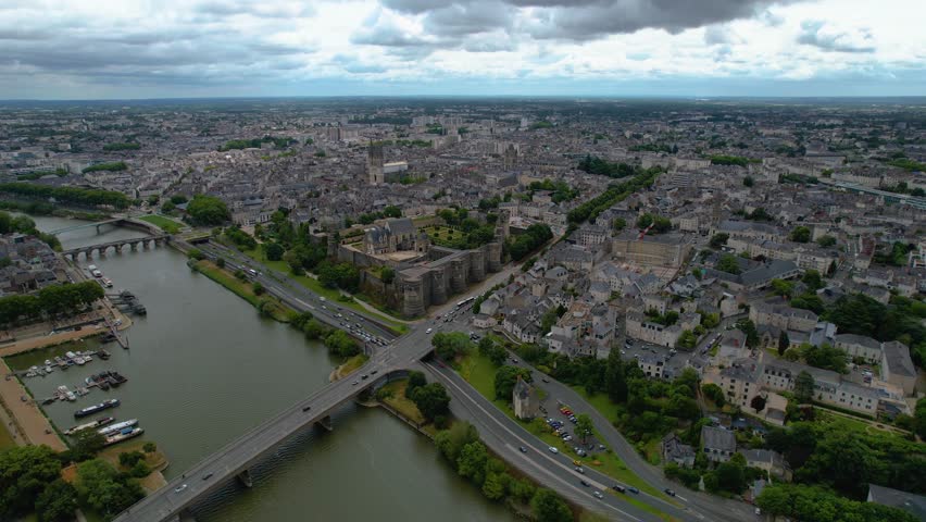 Aerial view of the Old town of of the city Angers on a sunny day in summer in France