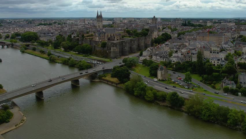 Aerial view of the Old town of of the city Angers on a sunny day in summer in France