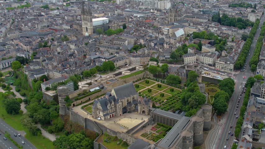 Aerial view of the Old town of of the city Angers on a sunny day in summer in France