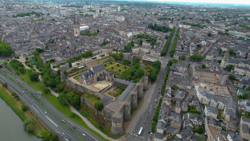 Aerial view of the Old town of of the city Angers on a sunny day in summer in France