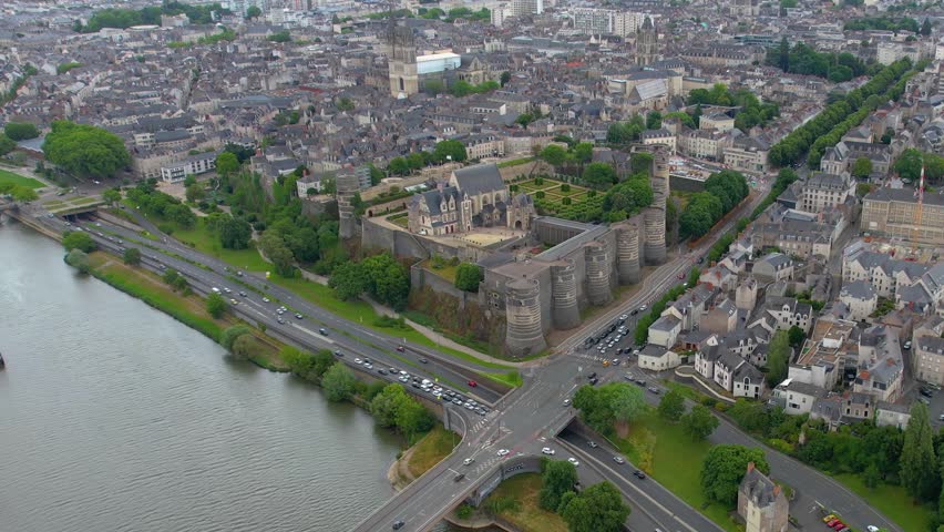 Aerial view of the Old town of of the city Angers on a sunny day in summer in France