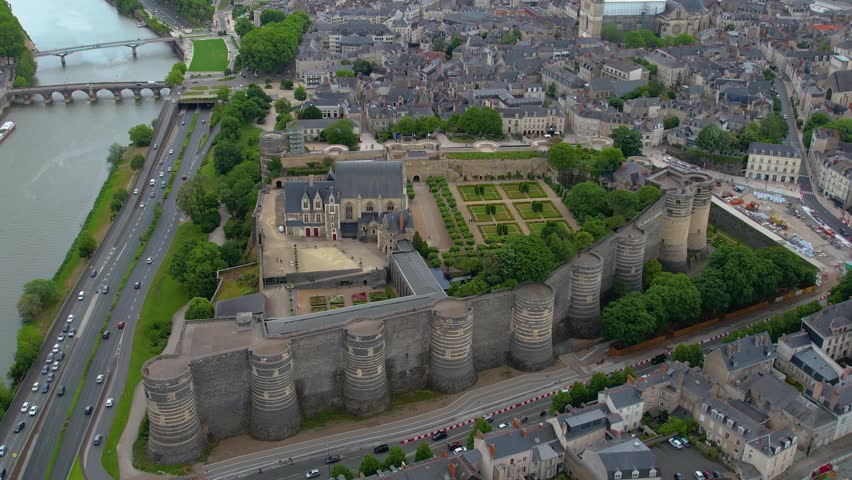 Aerial view of the Old town of of the city Angers on a sunny day in summer in France