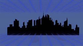 Animating retro title showing black skyline and cyan YOU WIN! over neon grid with orange baseline. Synthwave, arcade, cityscape, gradient, typography, pixel, perspective - Powered by Shutterstock - Get 15% off with code: PIKWIZARD15