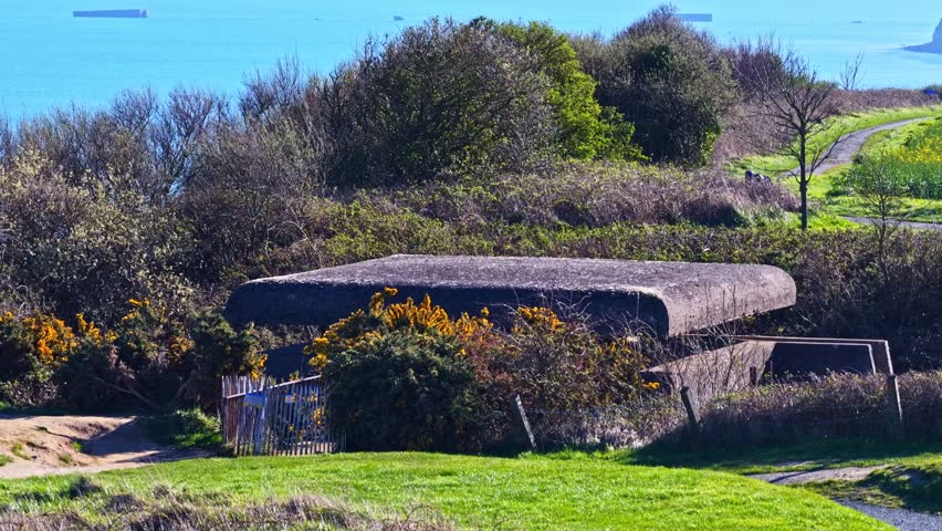German concrete bunker of Longues-sur-Mer coastal battery surrounded by grass and shrubs near Normandy coast, tilt up to water