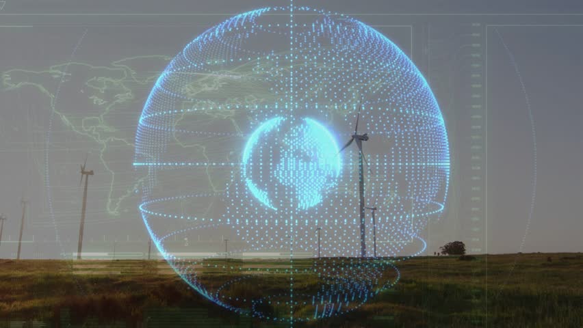Holographic globe pulsing and rotating after activation, rings forming, visualizing wind farm data. Wireframe, overlay, gridlines, turbines, prairie, landscape, renewable