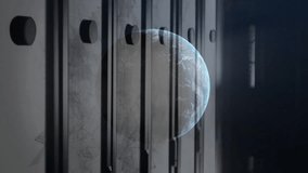Vertical ribbed panels sliding, revealing Earth-like planet with bright rim for space observation. Globe, observatory, corridor, spacecraft, metallic, futuristic, cinematic - Powered by Shutterstock - Get 15% off with code: PIKWIZARD15
