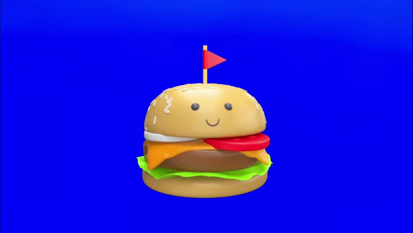 3D Cute Cartoon Hamburger Icon with Flag on Blue Background