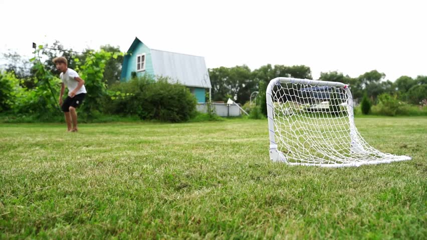 Children play soccer in a bright, open field. One child kicks the ball toward the goal. Another child runs, watching the ball