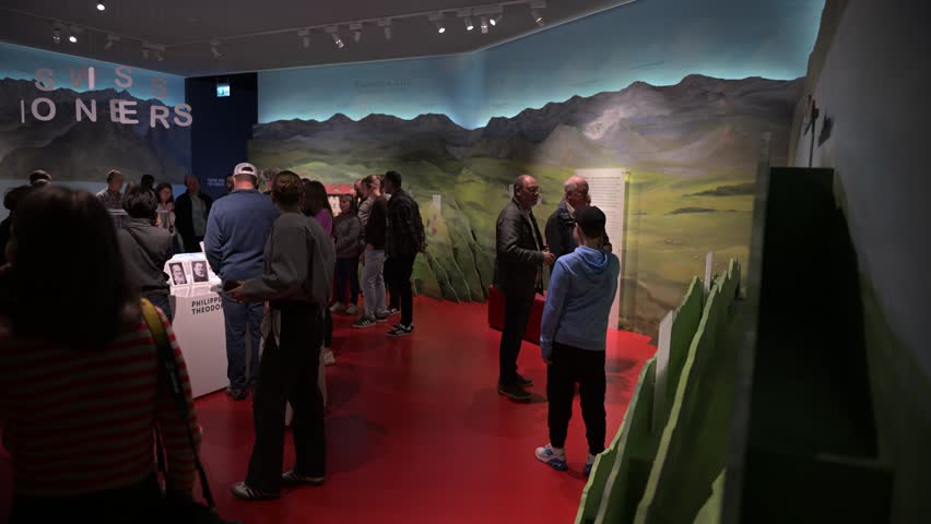 Zurich, Switzerland - April 4 2026: Video of visitors exploring the Lindt Chocolate Factory in Zurich, Switzerland, experiencing the chocolate museum, displays, and tasting area