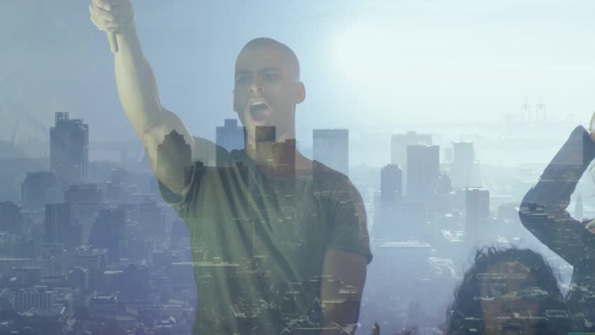 Music band singing, left singer raising arm and starting song, skyline overlay, vintage mic for ad. Ensemble, vocals, clapping, microphone, studio, backlight, doubleexposure