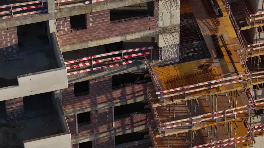 Aerial view of a building under construction, showcasing textures and tones of brick, concrete, and scaffolding, Porto, Portugal.
