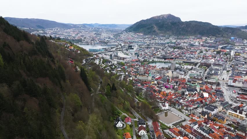 forested mountainside looks out across sprawling city valley historic modern architecture centered circular pond framed by distant peaks around norway bergen center port urban