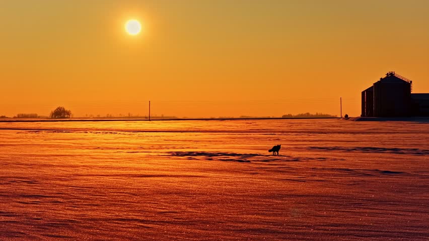 Sunset over frozen field with distant barn and lone fox silhouette trotting across snow