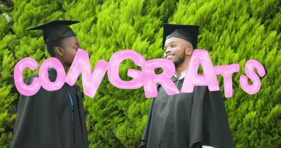 Two grads handing diploma, sparking cheers and posing for phone selfie with pink CONGRATS overlay. Celebration, achievement, mortarboard, gown, outdoor, campus, hedge