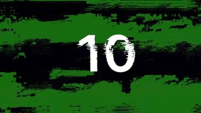 Intense green screen glitch distortion countdown from 10 to 01 with white glowing numbers, RGB color split, and heavy signal error effects. Perfect for cyber, hacker themes, horror, music videos, and edgy creative broadcasts. - Powered by Shutterstock - Get 15% off with code: PIKWIZARD15