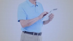 Senior man tapping tablet, causing analytics bars growing across grid and overlaying torso, smiling. Elder, device, portrait, bargraph, touch, studio, minimalist - Powered by Shutterstock - Get 15% off with code: PIKWIZARD15