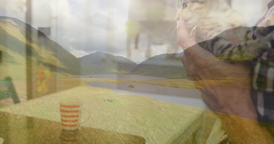 Man reaching, cradling tabby at table for pet care, leaning under scenic overlay with striped cup. Feline, companion, home, kitchen, interior, landscape, mountains