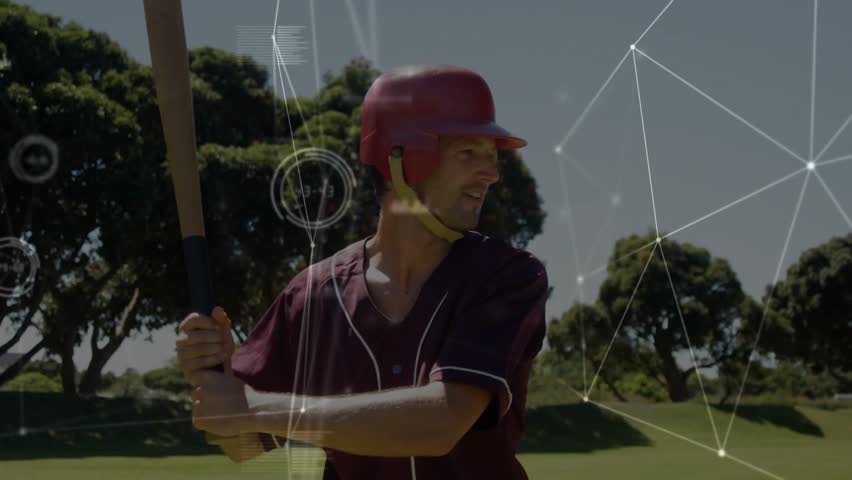 Male batter shifting, swinging bat after off-frame pitch, sports HUD showing swing path to hit ball. Baseball, athlete, helmet, jersey, ballpark, outfield, overlay