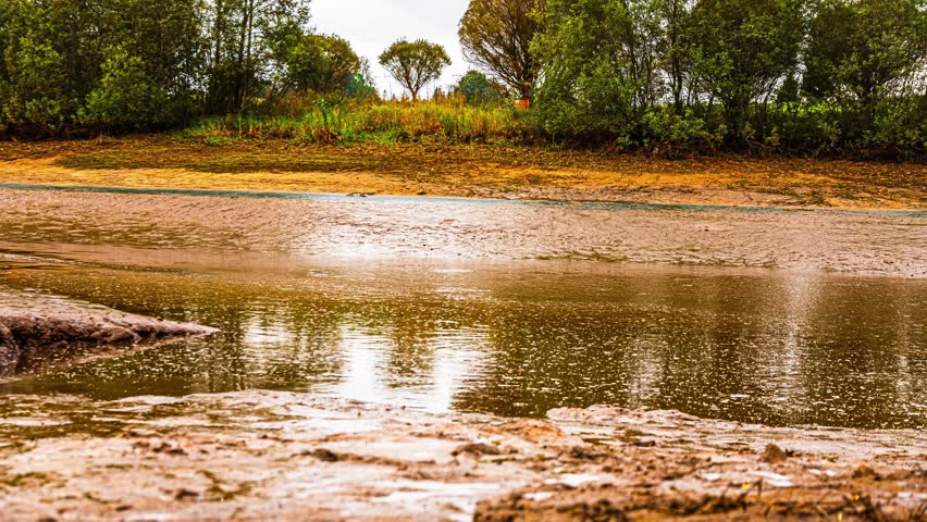 Muddy riverbank and shallow water ripples moving along shoreline with trees in background water drains to nothing, time lapse