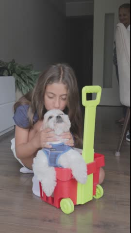 A smiling hispanic teenage girl plays with her small white dog at home. The cute furry pet is sitting inside a colorful plastic toy cart while the girl pets and kisses it