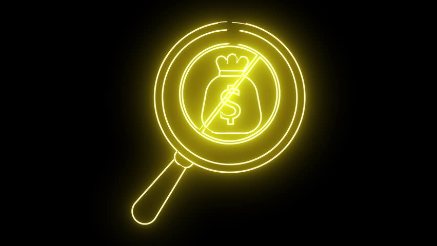 A luminous yellow neonstyle design shows a magnifying glass over a money bag with a crossedout line