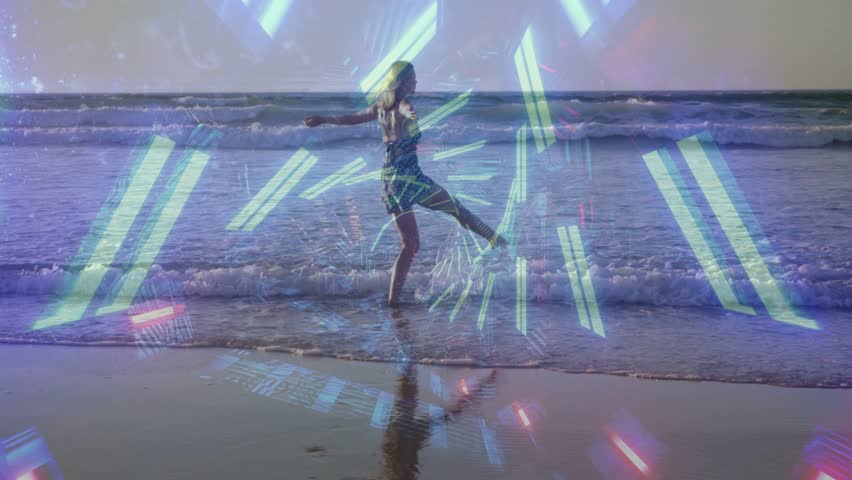 Woman stepping into surf, dancing, causing neon hexagon and bars around torso, rotating for ads. Beach, waves, reflection, glow, geometry, movement, horizon