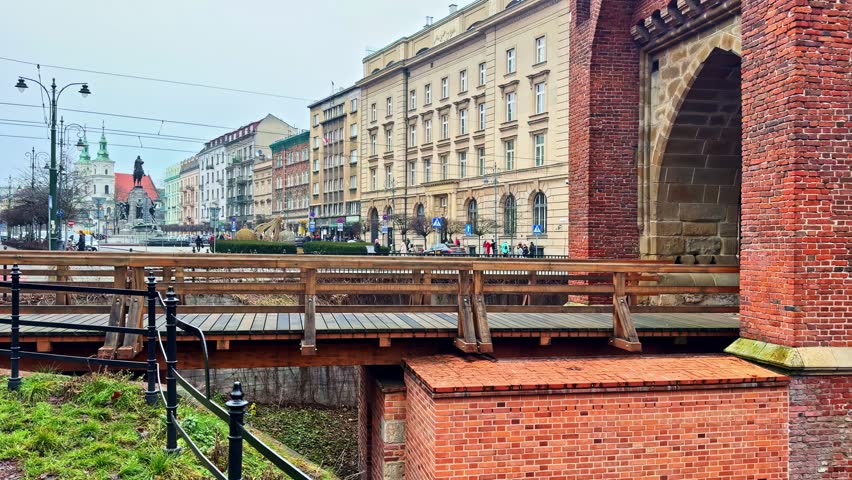 Historic city view with brick walls and buildings in Krakow, Poland