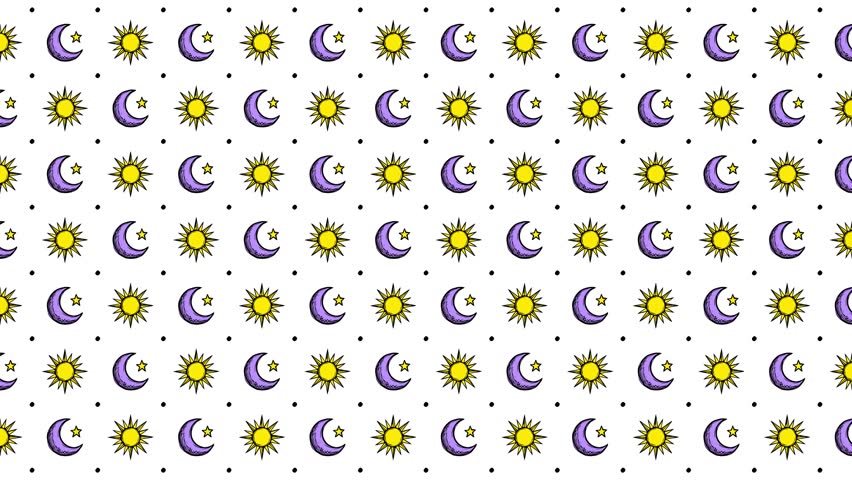 Cartoon Doodle Sun and Crescent Moon Pattern, Hand Drawn Celestial Icons Moving Right with Jelly Animation on White Background, Motion Graphics Seamless Loop, 4K