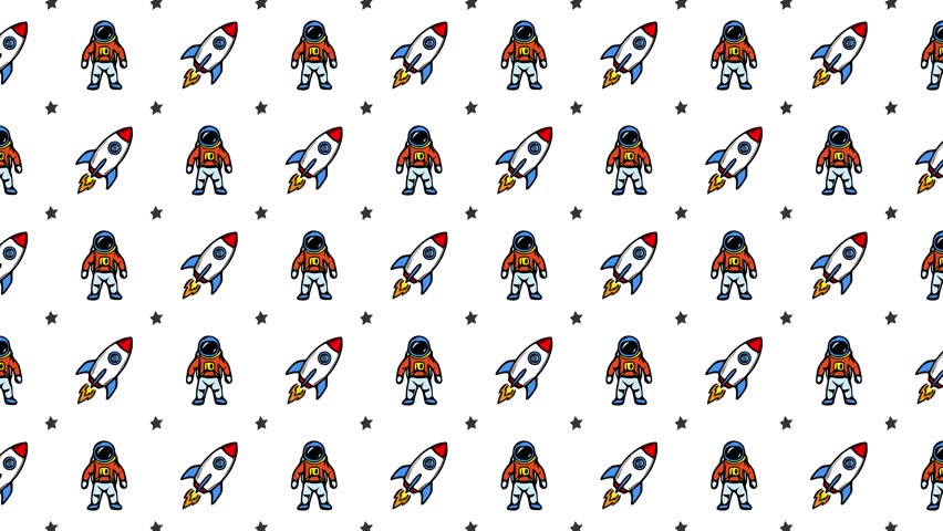 Cartoon Doodle Astronaut and Rocket Pattern, Hand Drawn Space Icons Moving Right with Vortex Animation on White Background, Motion Graphics Seamless Loop, 4K