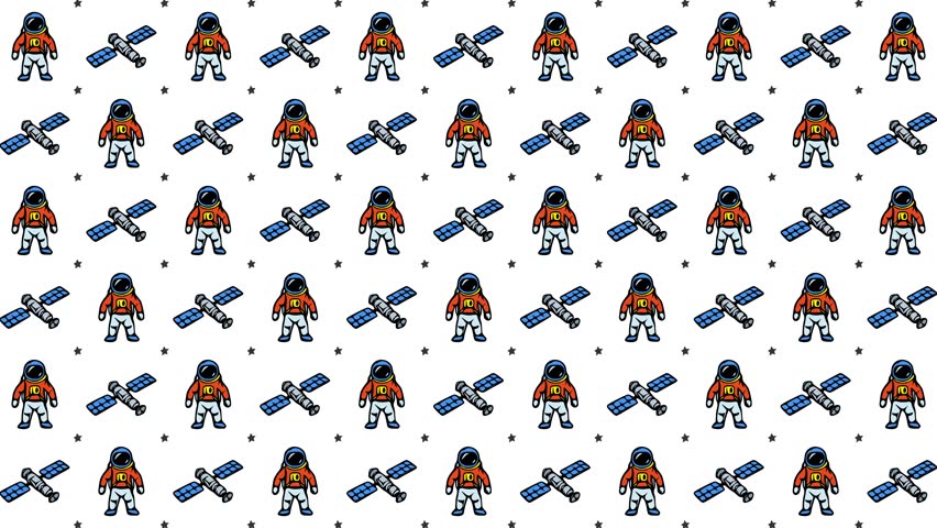 Cartoon Doodle Astronaut and Satellite Pattern, Hand Drawn Space Icons Moving Right with Breathing Animation on White Background, Motion Graphics Seamless Loop, 4K
