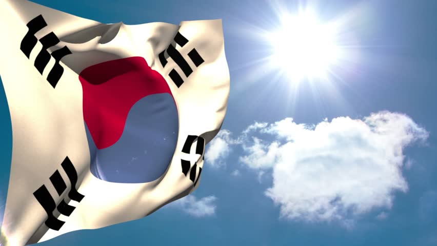 Taegeukgi fluttering orange icon appearing and spawning education menu on flag icons drifting off. Ensign, outdoors, sunny, blue, sky, cloud, lensflare