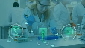 Female scientist pipetting into plate causing AR overlays and models advancing forward for research. Microplate, pipette, augmented, reality, hologram, molecules, collaboration - Powered by Shutterstock - Get 15% off with code: PIKWIZARD15