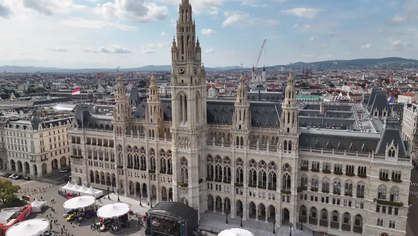Close aerial of Vienna City Hall Rathaus showcasing detailed gothic architecture.