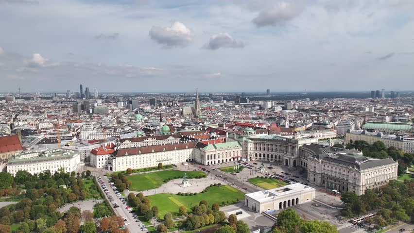 Drone aerial of Hofburg palace with Heldenplatz and Volksgarten surroundings.