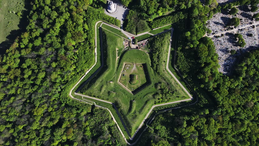 Top view of historic star fort surrounded by trees in Nysa, Poland. Concept of military architecture, cultural heritage and aerial landscape.