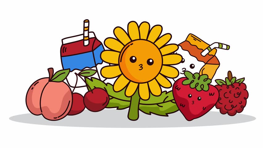 cute sunflower standing with peach strawberry raspberry and juice boxes