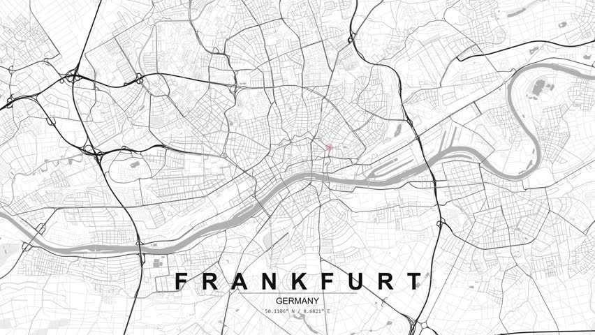 Detailed map of Frankfurt, Germany, featuring a flowing river, intersecting roads and a red location pin positioned within the dense city center.