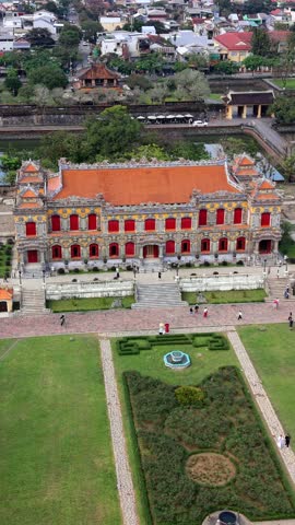 Aerial view of the main palace inside the Imperial City of Hue, Vietnam, showcasing historic architecture, symmetry, gardens, and cultural heritage of central Vietnam.