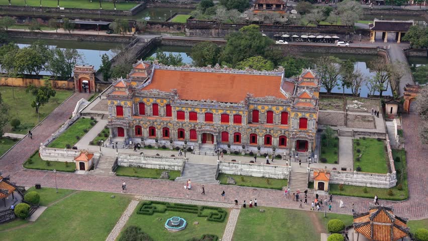 Aerial view of the main palace inside the Imperial City of Hue, Vietnam, showcasing historic architecture, symmetry, gardens, and cultural heritage of central Vietnam.