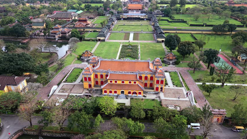 Aerial view of the main palace inside the Imperial City of Hue, Vietnam, showcasing historic architecture, symmetry, gardens, and cultural heritage of central Vietnam.