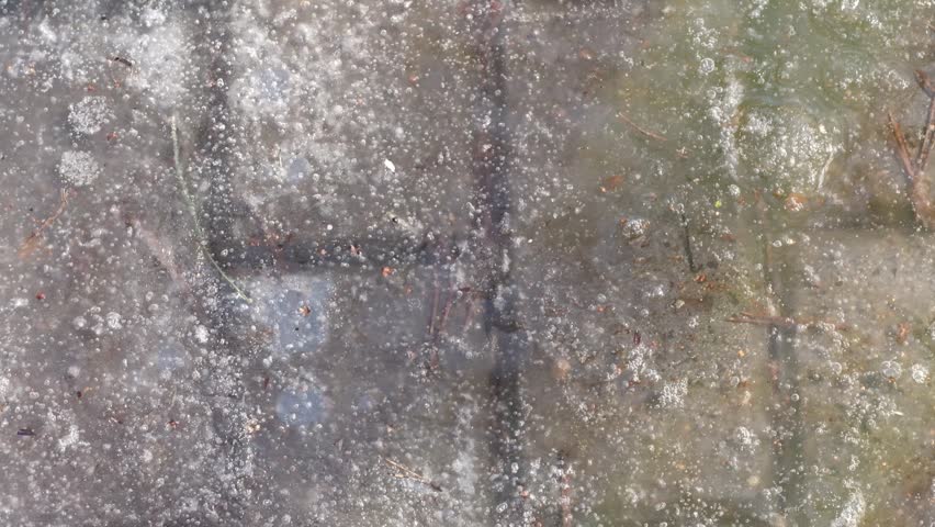 Frozen paving stones covered in a melting layer of ice. A close-up of a pedestrian path in winter and spring.